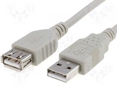 Кабел USB A/AF CAB-USBAAF/3 Кабел; USB 2.0; USB A гнездо, USB A щепсел; 3m; сив